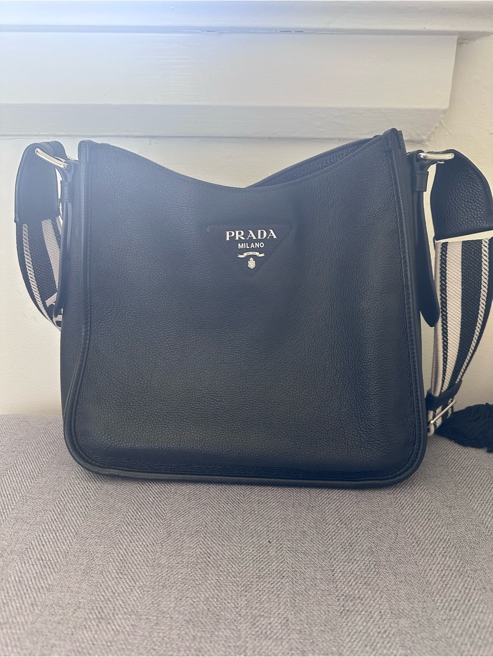 Prada Black Pebbled Leather Bag with Striped Strap